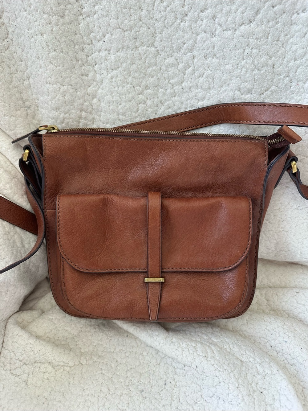 Fossil Brown Leather Crossbody Bag with Front Flap Pocket